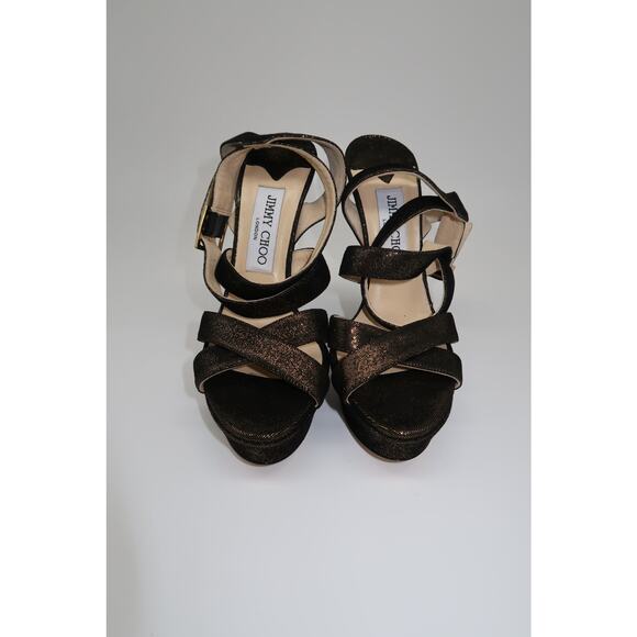 Jimmy Choo Metallic Louisa Peep Toe Strappy Platform Heel Sandals Gold Size 36.5 - Picture 2 of 10